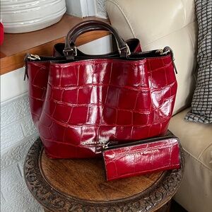 Dooney & Bourke Burgundy Red Croc-Embossed Large Barlow Tote and Wallet